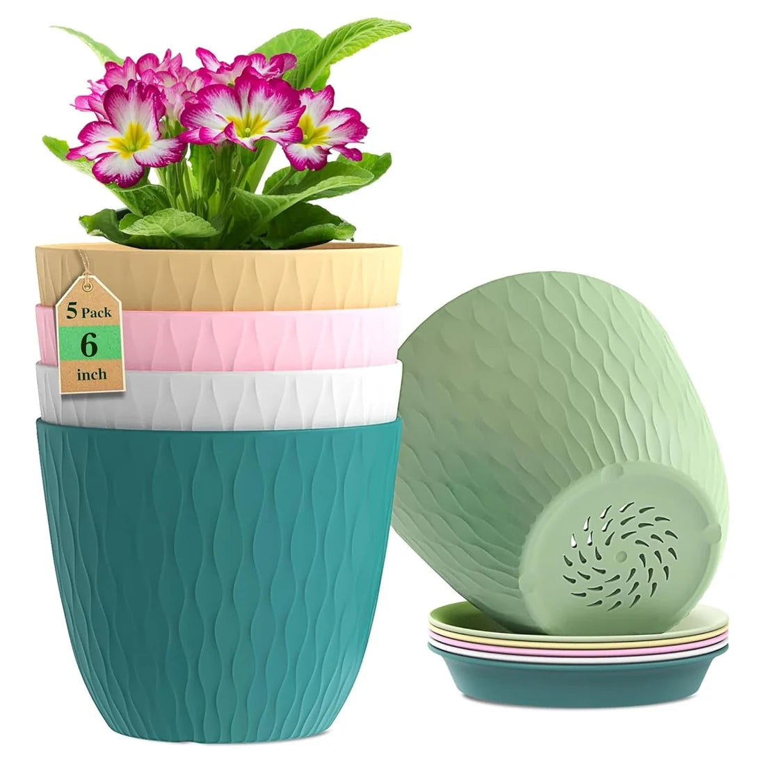 (Pack of 5) 6-Inch Unbreakable Plastic Flower Pots with Drainage & Saucers