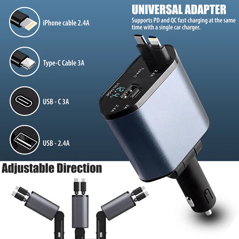 SMARTUNO™ 4 in 1 Retractable cables 2 Type C and iOS Fast Charging Car Phone Charger