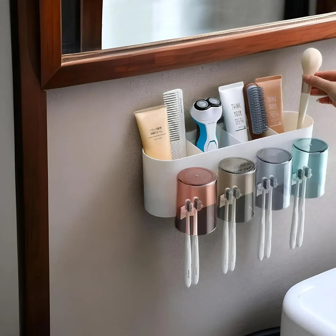 Wall Mounted Toothbrush Holder with 4 Dustproof Cups – Space-Saving Bathroom Organizer