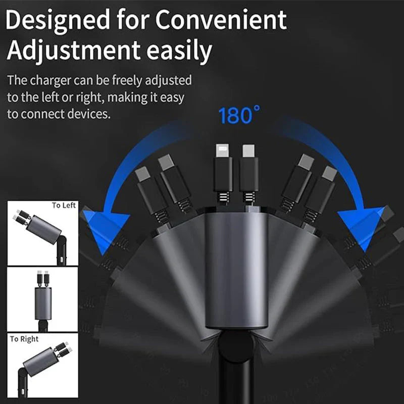 SMARTUNO™ 4 in 1 Retractable cables 2 Type C and iOS Fast Charging Car Phone Charger