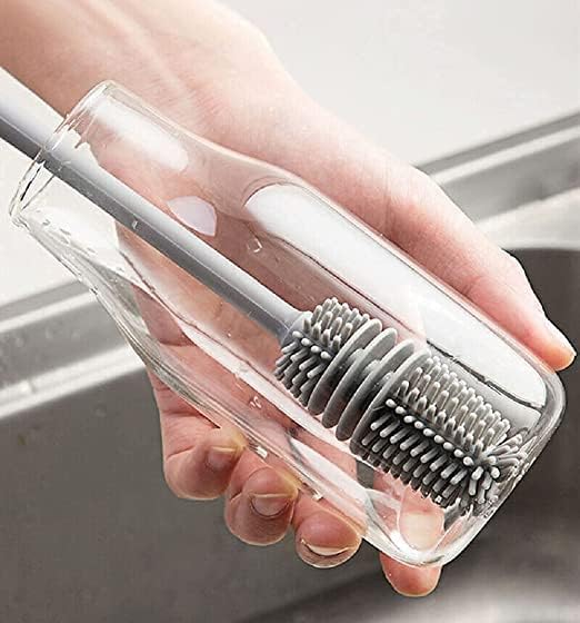 Bottle Cleaning Brush Combo- 1 long silicone brush + 1 bottle lid cleaning brush