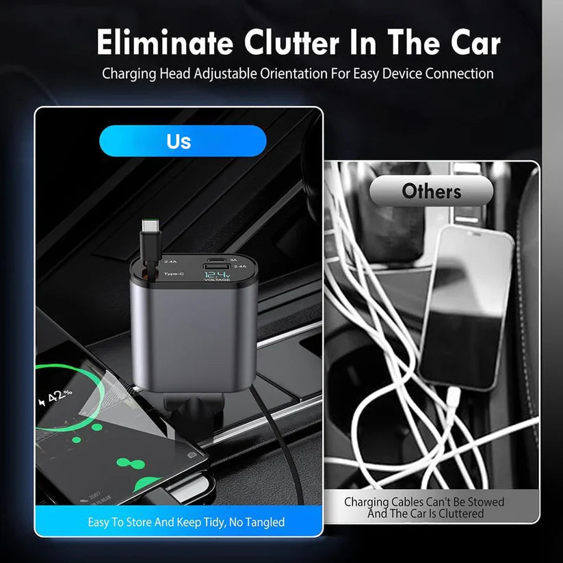 SMARTUNO™ 4 in 1 Retractable cables 2 Type C and iOS Fast Charging Car Phone Charger