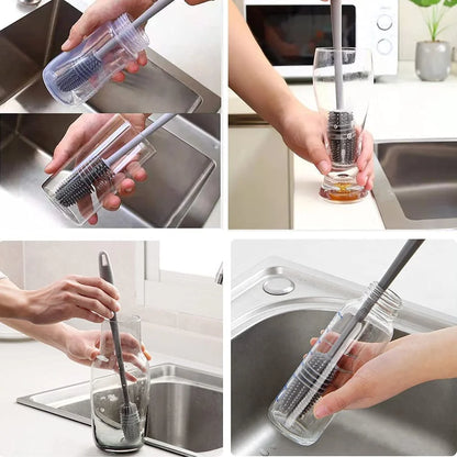 Bottle Cleaning Brush Combo- 1 long silicone brush + 1 bottle lid cleaning brush