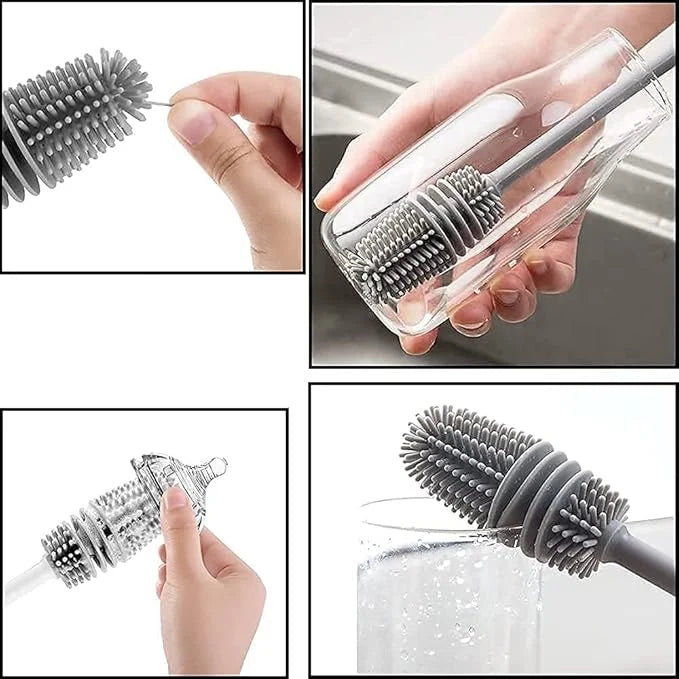 Bottle Cleaning Brush Combo- 1 long silicone brush + 1 bottle lid cleaning brush