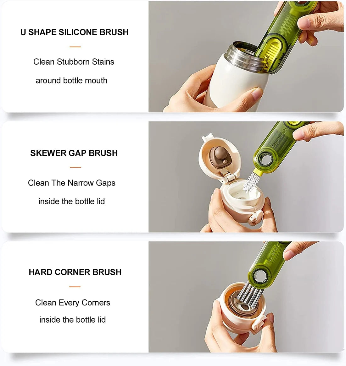 Bottle Cleaning Brush Combo- 1 long silicone brush + 1 bottle lid cleaning brush