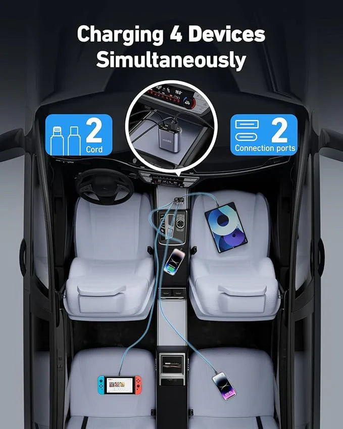 SMARTUNO™ 4 in 1 Retractable cables 2 Type C and iOS Fast Charging Car Phone Charger