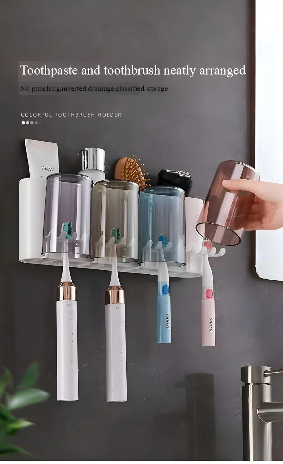 Wall Mounted Toothbrush Holder with 4 Dustproof Cups – Space-Saving Bathroom Organizer