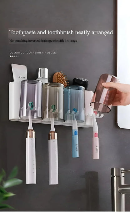Wall Mounted Toothbrush Holder with 4 Dustproof Cups – Space-Saving Bathroom Organizer