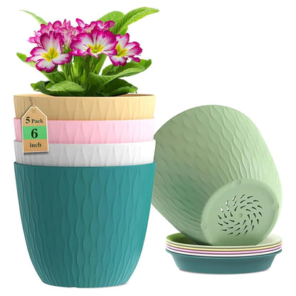 (Pack of 5) 6-Inch Unbreakable Plastic Flower Pots with Drainage & Saucers