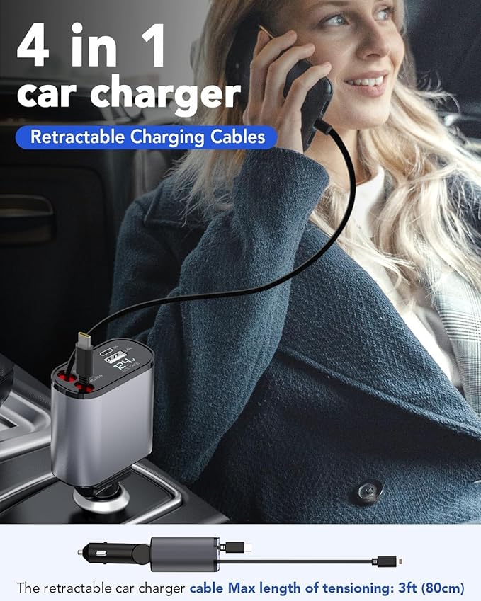 SMARTUNO™ 4 in 1 Retractable cables 2 Type C and iOS Fast Charging Car Phone Charger