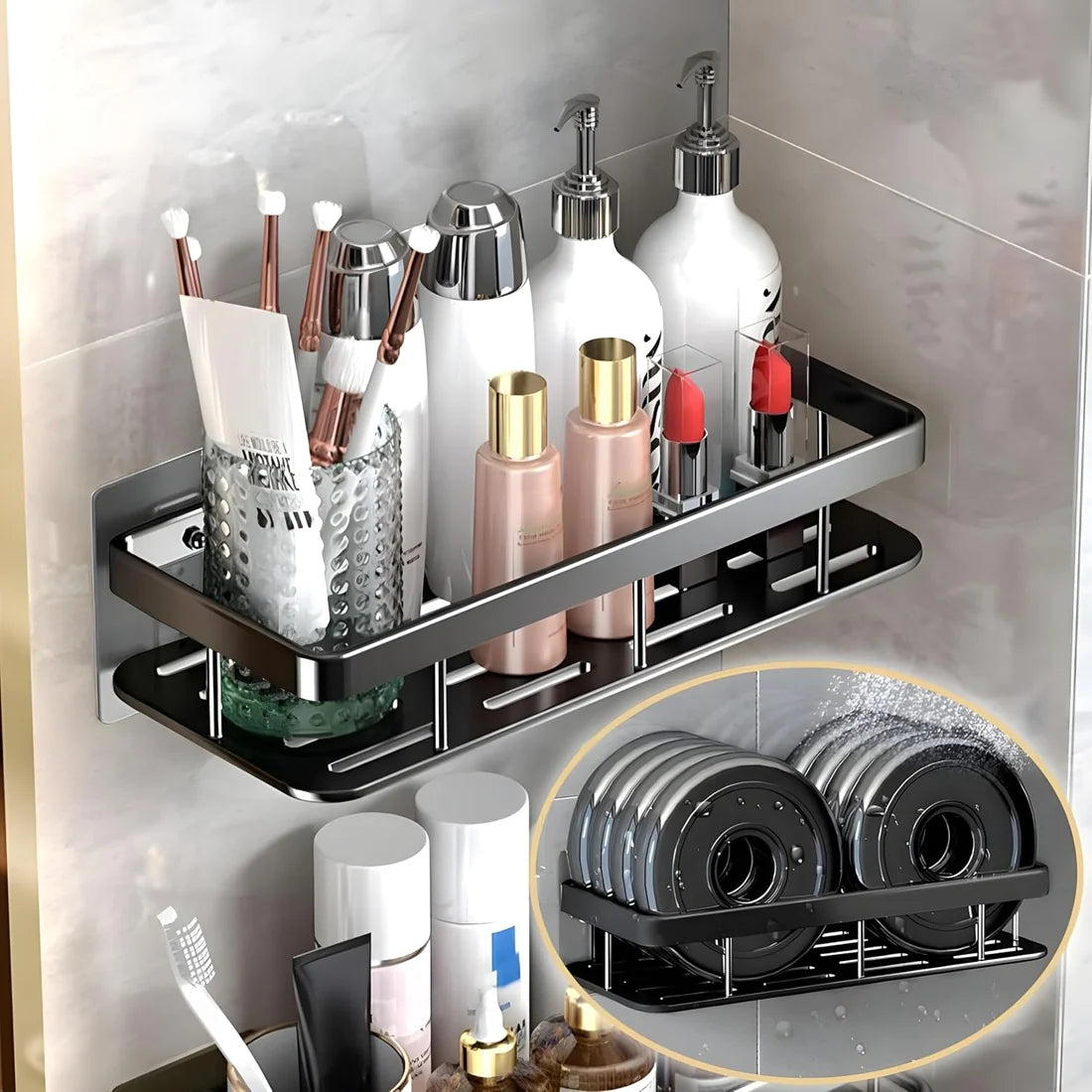 Premium Metal Home & Bathroom Wall Shelf Organiser, Black