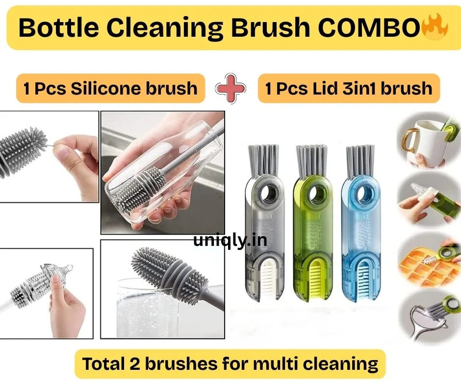 Bottle Cleaning Brush Combo- 1 long silicone brush + 1 bottle lid cleaning brush
