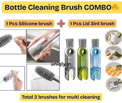 Bottle Cleaning Brush Combo- 1 long silicone brush + 1 bottle lid cleaning brush