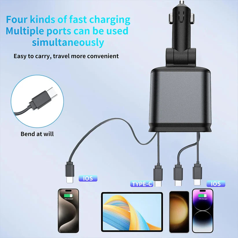 SMARTUNO™ 4 in 1 Retractable cables 2 Type C and iOS Fast Charging Car Phone Charger