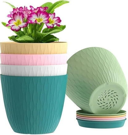 (Pack of 5) 6-Inch Unbreakable Plastic Flower Pots with Drainage & Saucers
