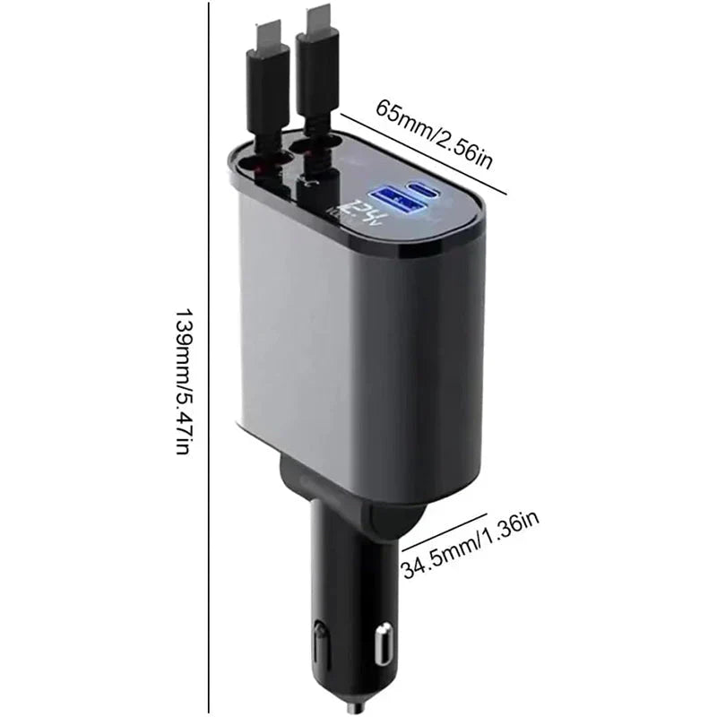 SMARTUNO™ 4 in 1 Retractable cables 2 Type C and iOS Fast Charging Car Phone Charger